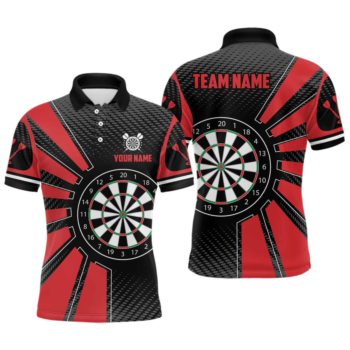 Individuelles Schwarzes Rotes Dartbrett Herren Poloshirt, Einzigartige Dart Teamtrikots TDM1339