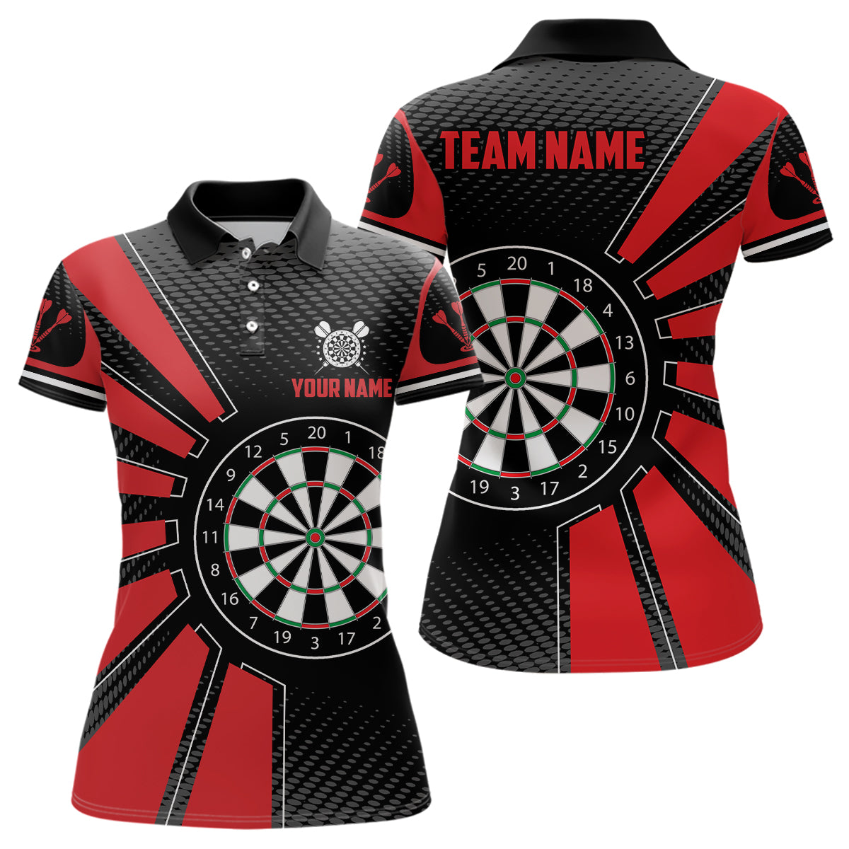 Individuelles Schwarzes Rotes Dartbrett Herren Poloshirt, Einzigartige Dart Teamtrikots TDM1339