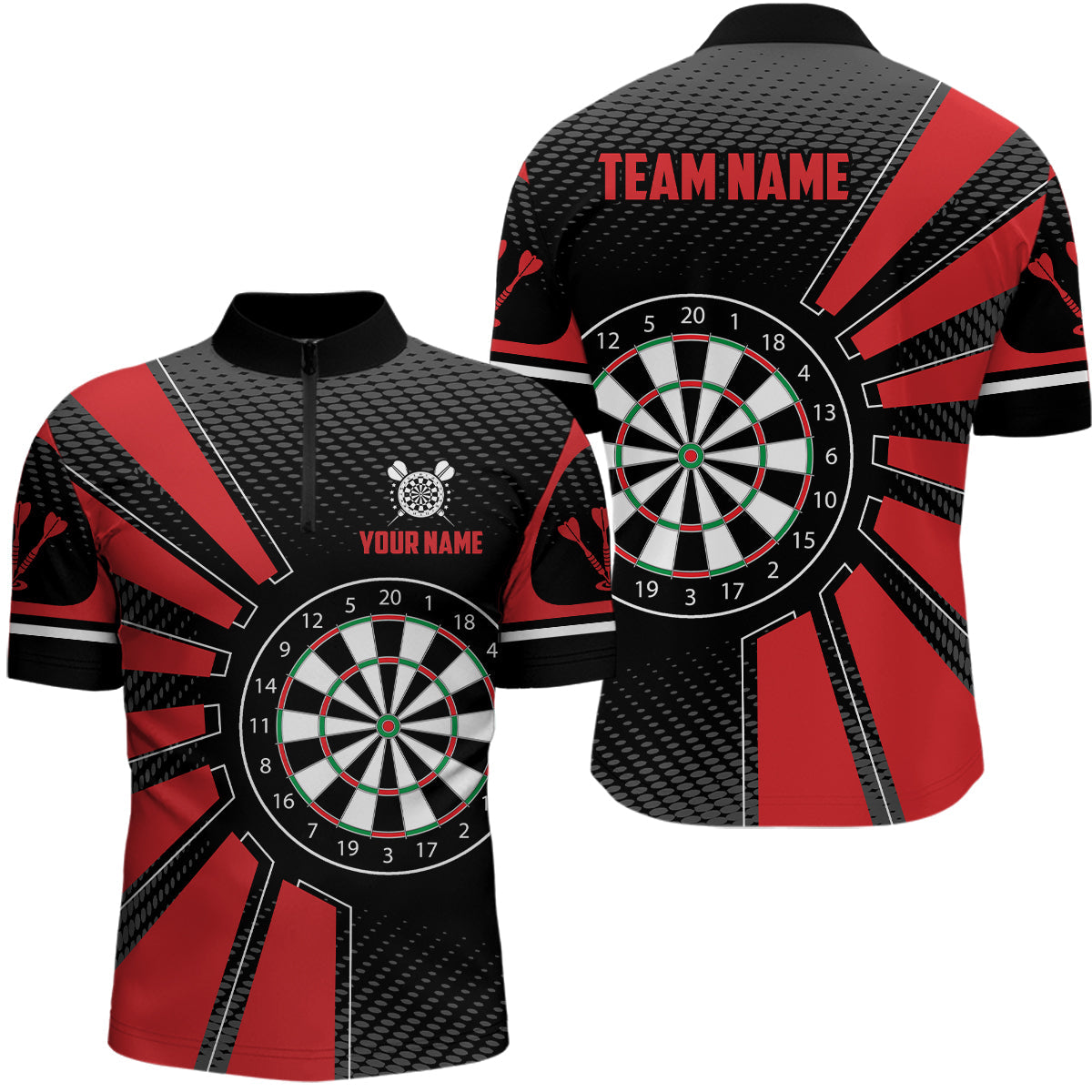 Individuelles Schwarz-Rotes Dartboard Herren Shirt mit Viertelreißverschluss, Einzigartige Dart Team Trikots TDM1339