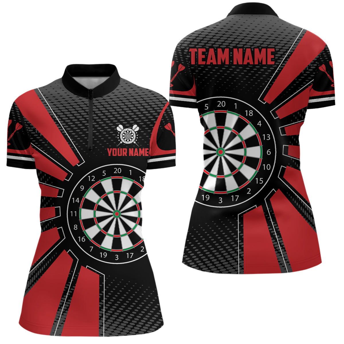 Individuelles schwarzes rotes Dartboard Damen Quarter Zip Shirt, Einzigartige Dart Teamtrikots TDM1339