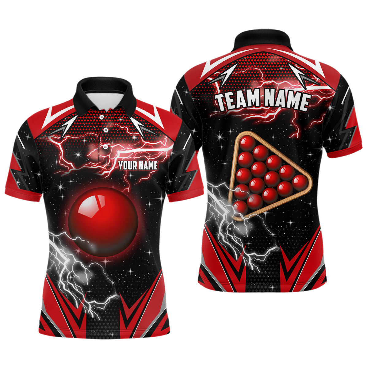 Personalisierter Snooker Donner-Blitz 3D-Druck Poloshirt für Herren, Snooker-Billardtrikot |Rot TDM1942