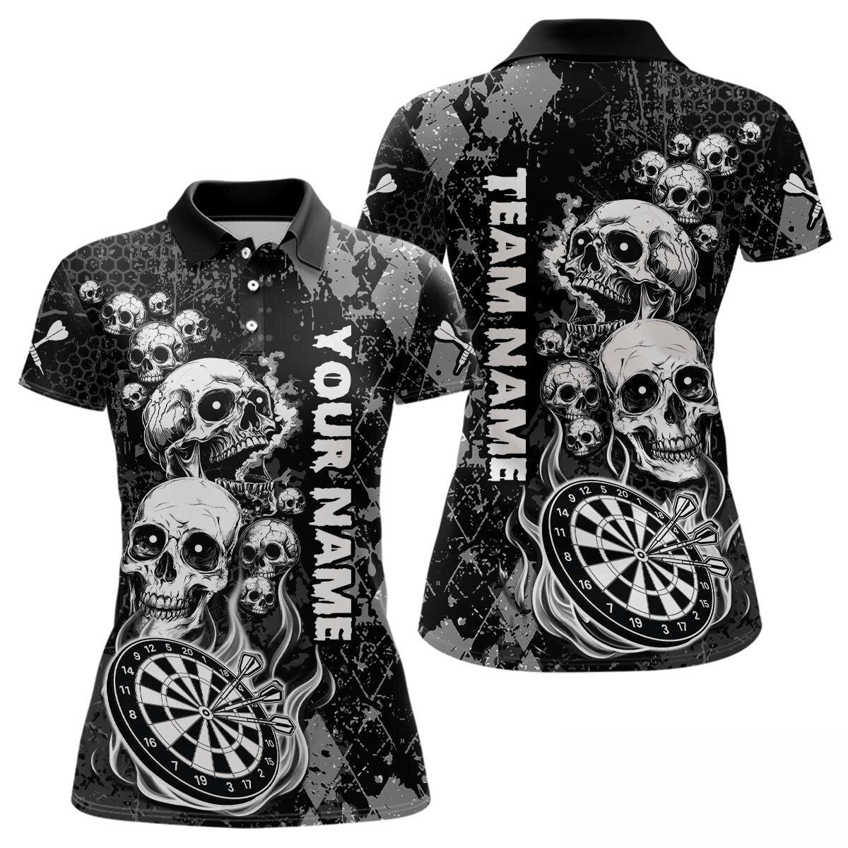 Individuelles Schwarz-Graues Grunge-Argyle-Schädel-Dart-Poloshirt für Damen – Team Dart Trikots TDM3836
