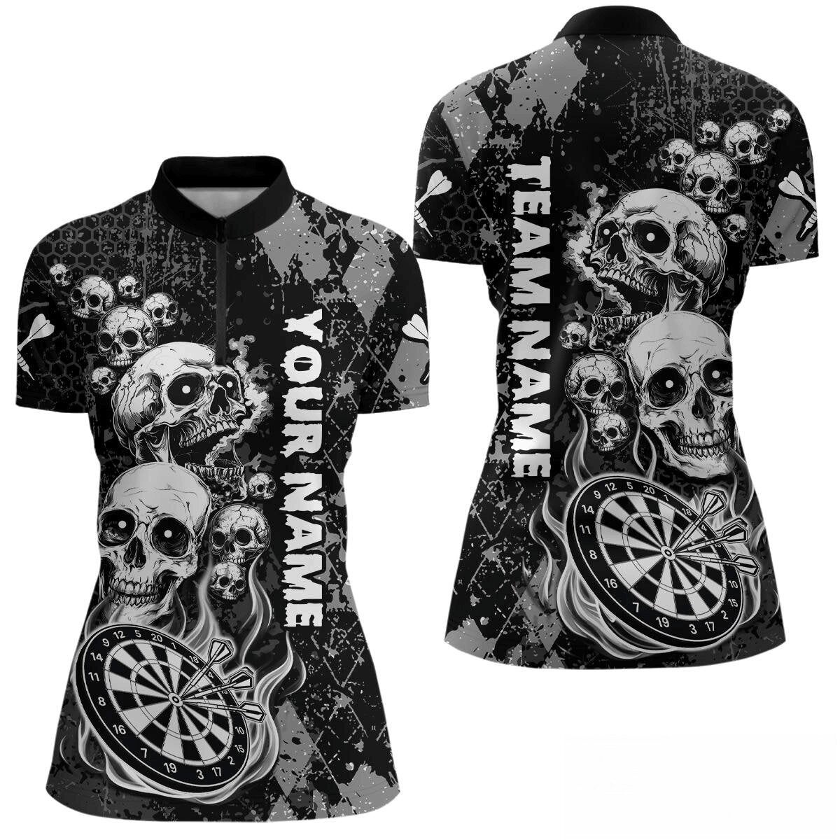 Individuelles Schwarz-Grau Grunge Argyle Schädel Dart Damen Quarter Zip Shirt – Team Dart Trikots TDM3836