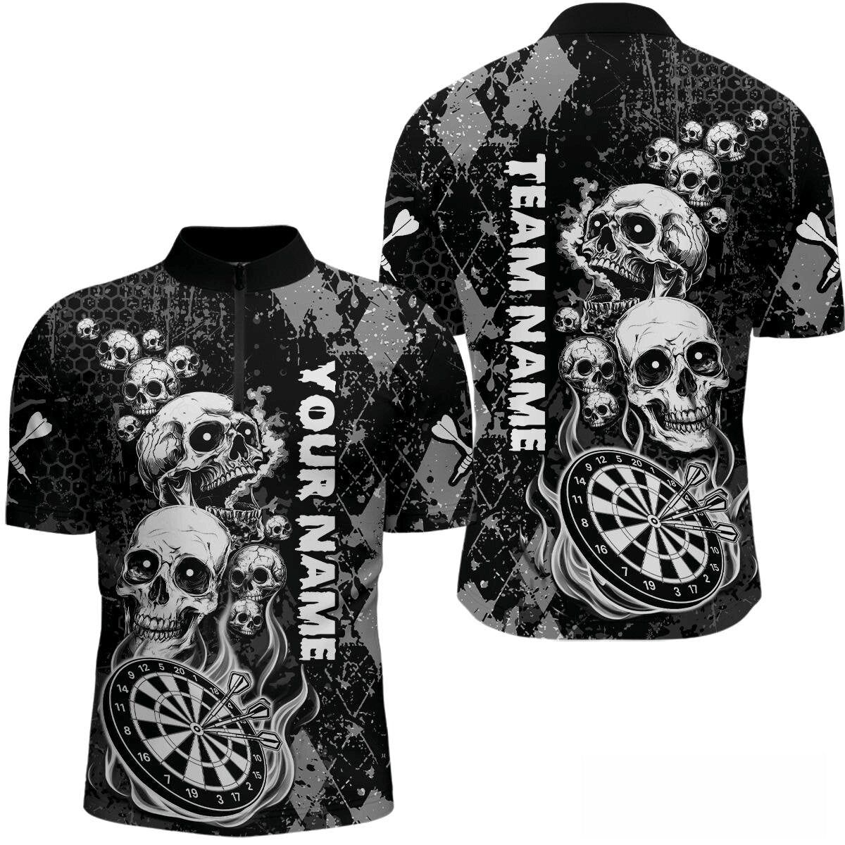 Individuelles Schwarz Grau Grunge Argyle Skull Dart Viertelreißverschluss Herren Shirt – Team Dart Trikots TDM3836