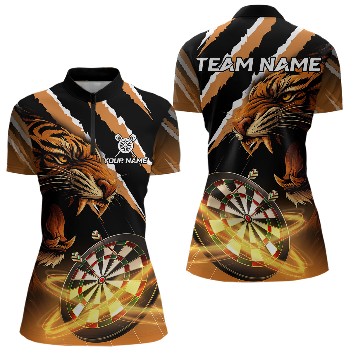 Schwarzes Und Oranges Tiger-Dartshirt Für Damen – Teamtrikot Polo & Quarter Zip TDM4568