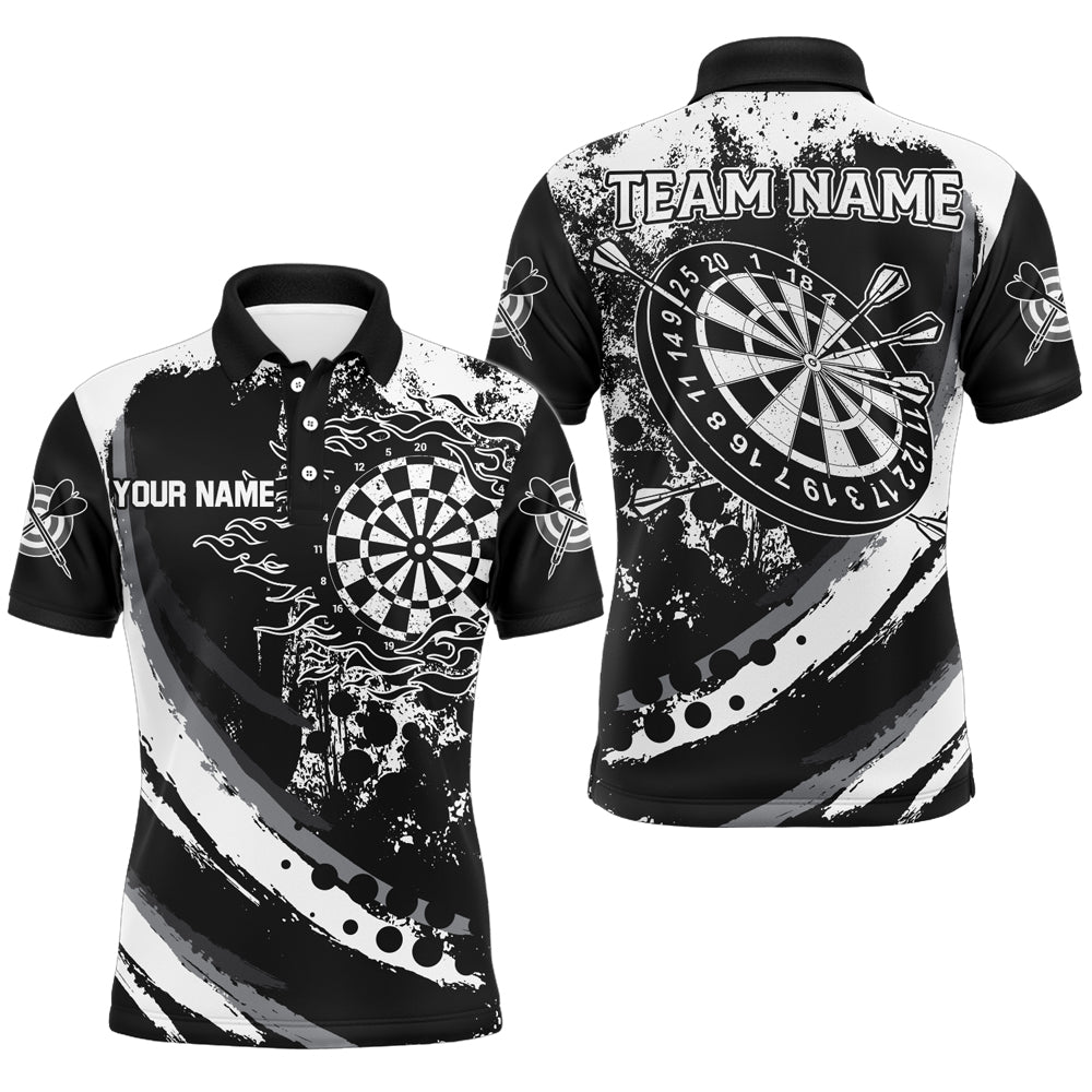 Individuelles Grunge Schwarzes Dartbrett Flammen Dart Herren Poloshirt, Retro Dart Teamtrikot TDM1730