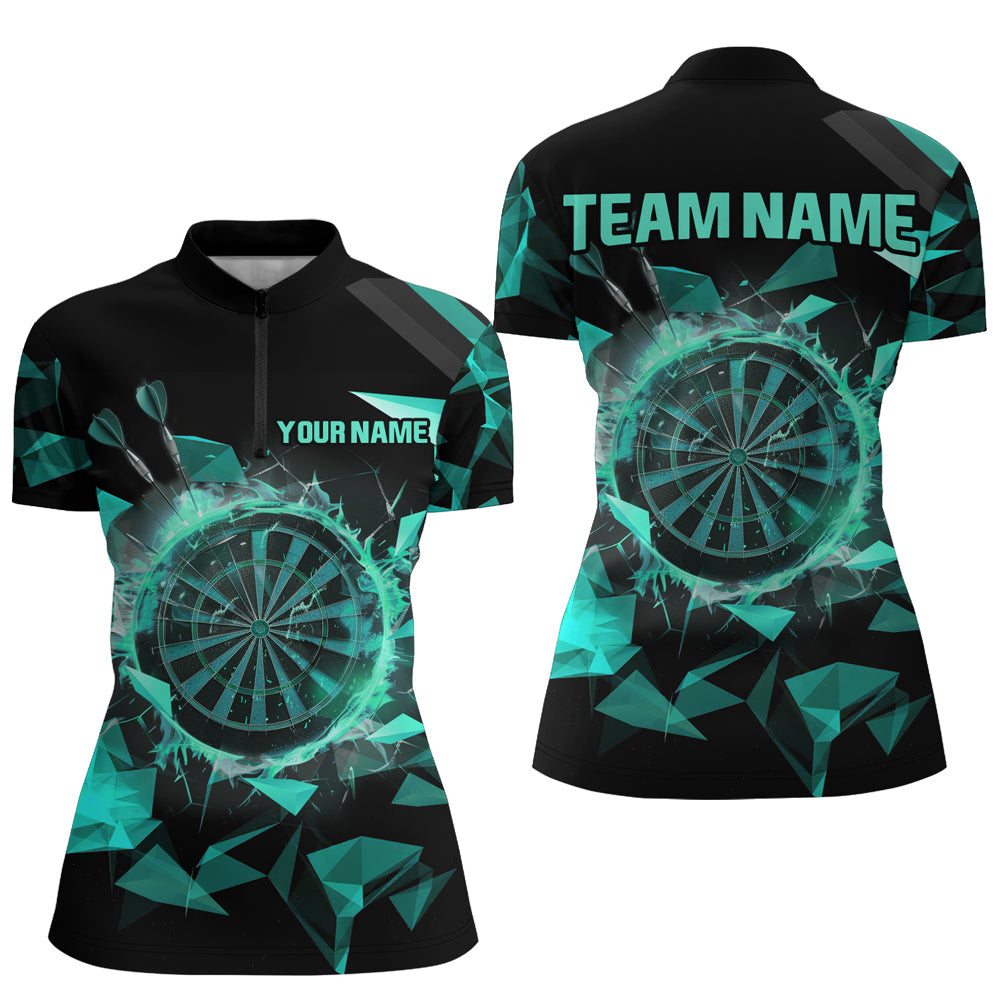 Individuelles türkises Dartboard Dart Quarter Zip Shirt für Damen, Dart Teamtrikot TDM1743