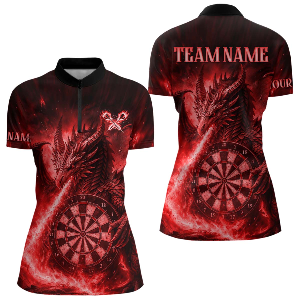 Rotes Flaming-Dragon Dartshirt Für Damen – Custom Liga-Teamtrikot Polo & Quarter Zip TDM4586