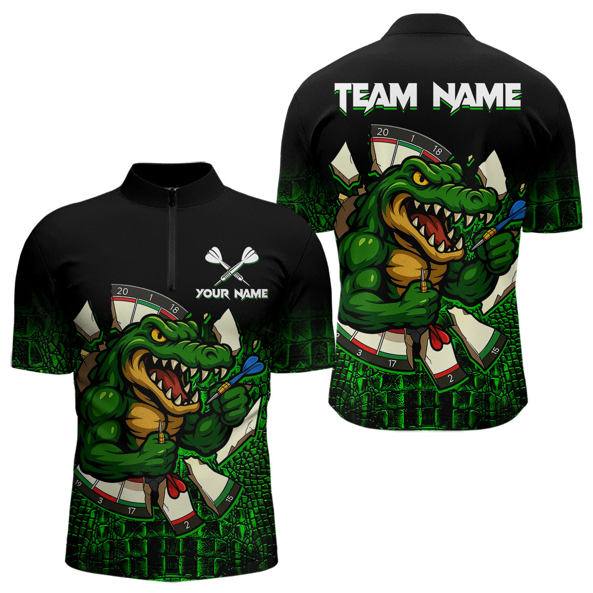 Schwarzes und grünes lustiges Alligator-Dartshirt für Herren – Individuelles Teamtrikot, Polo & 1/4 Zip TDM4877