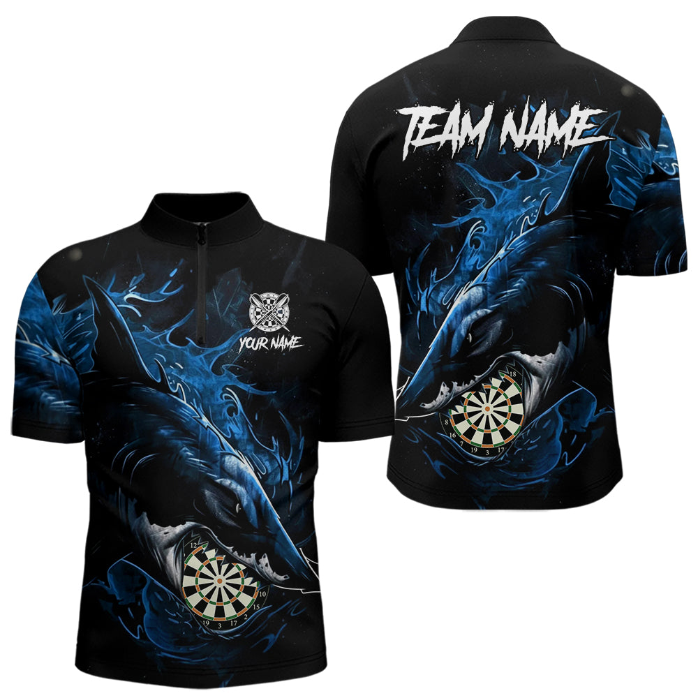 Personalisiertes blaues Horror-Hai Herren Darts Quarter-Zip League Shirt - Lustiges Grunge Dart-Trikot NYN2218