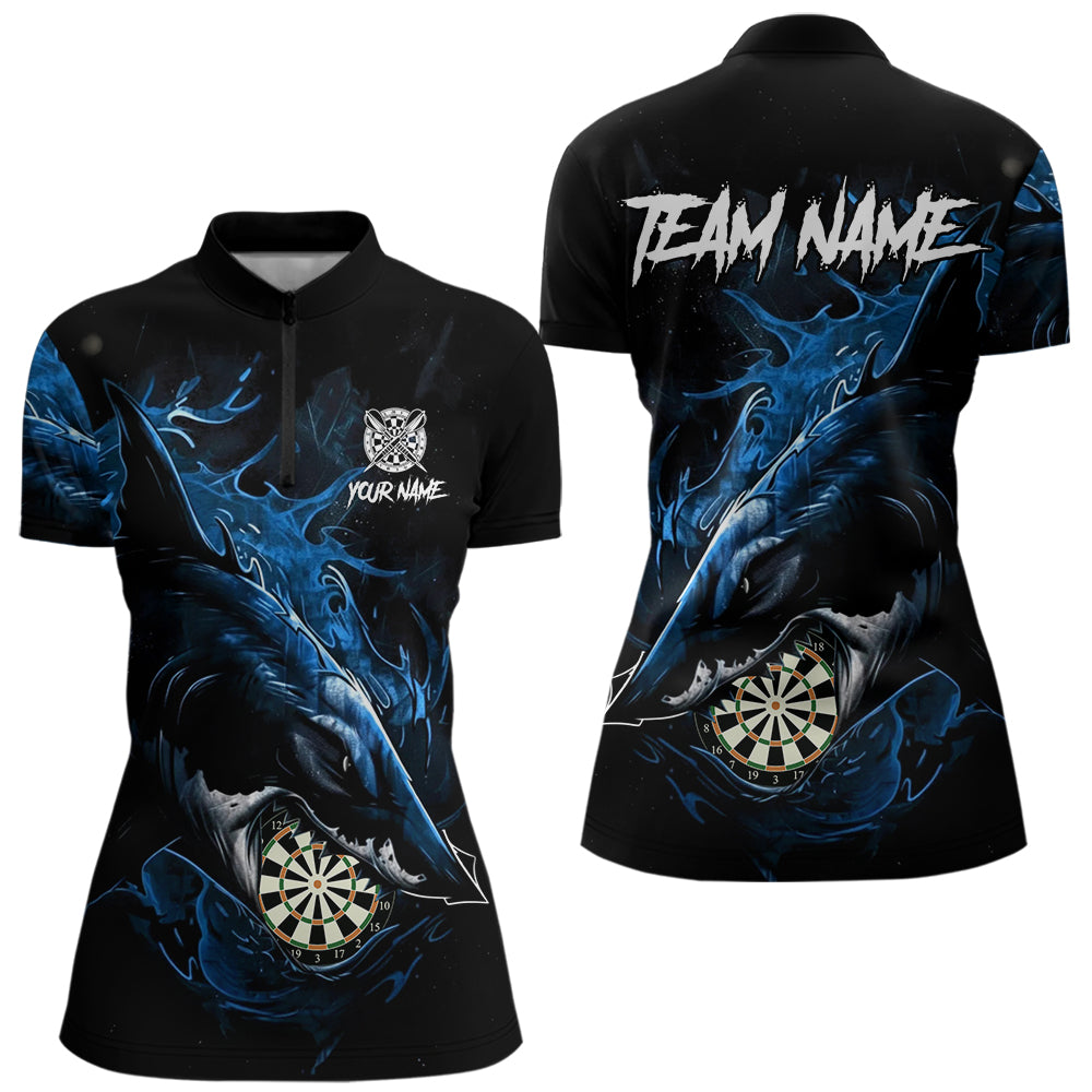 Personalisiertes blaues Horror-Hai Damen Darts Quarter-Zip League Shirt - Lustiges Grunge Dart-Trikot NYN2218