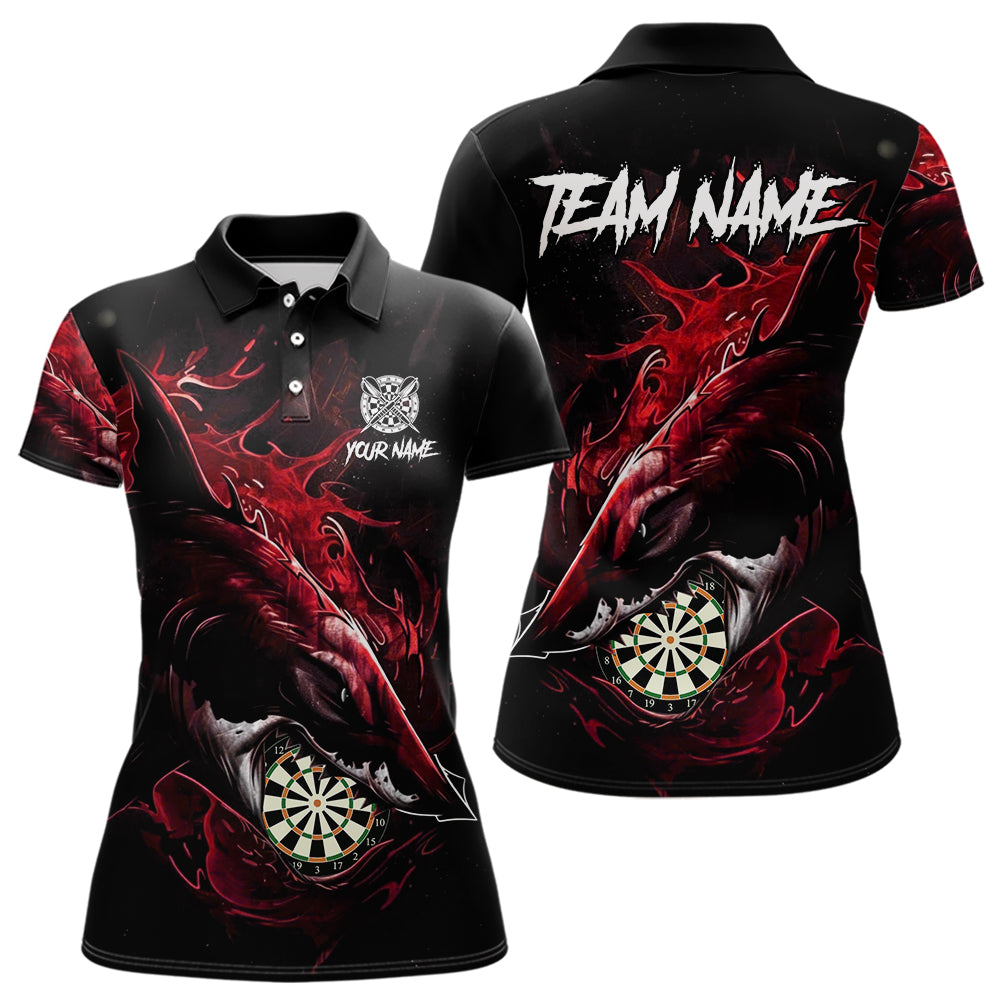 Personalisiertes rotes Horror-Hai Damen Darts Polo League Shirt - Lustiges Grunge Dart-Trikot NYN2219