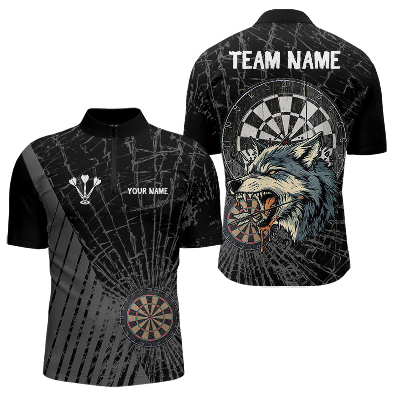 Personalisierbares Polo- & 1/4-Zip-Shirt für Herren mit Wolf-Motiv in Schwarz – Dart-Teams Shirt NYN0001