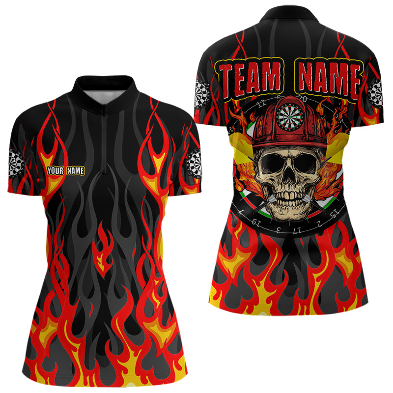 Personalisiertes Totenkopf Feuerwehrmann in Flammen Custom Darts Shirt für Damen, Dart Team Shirts NYN0003