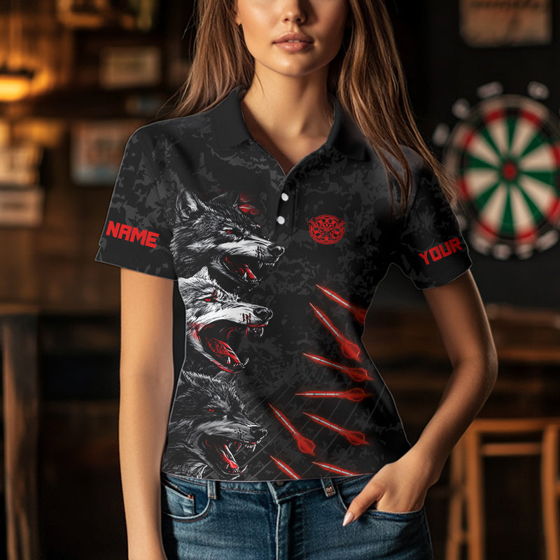 Damen-Dartshirts mit schwarzen und roten Wölfen und Dartpfeilen – personalisierte Darttrikots, Modell NYN0032
