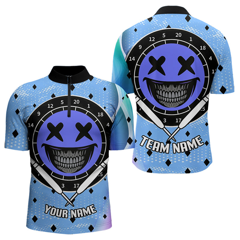 Lachgesicht-Dartboard Lustige Blaue Dartshirts für Herren, Personalisierte Teamtrikots NYN0084