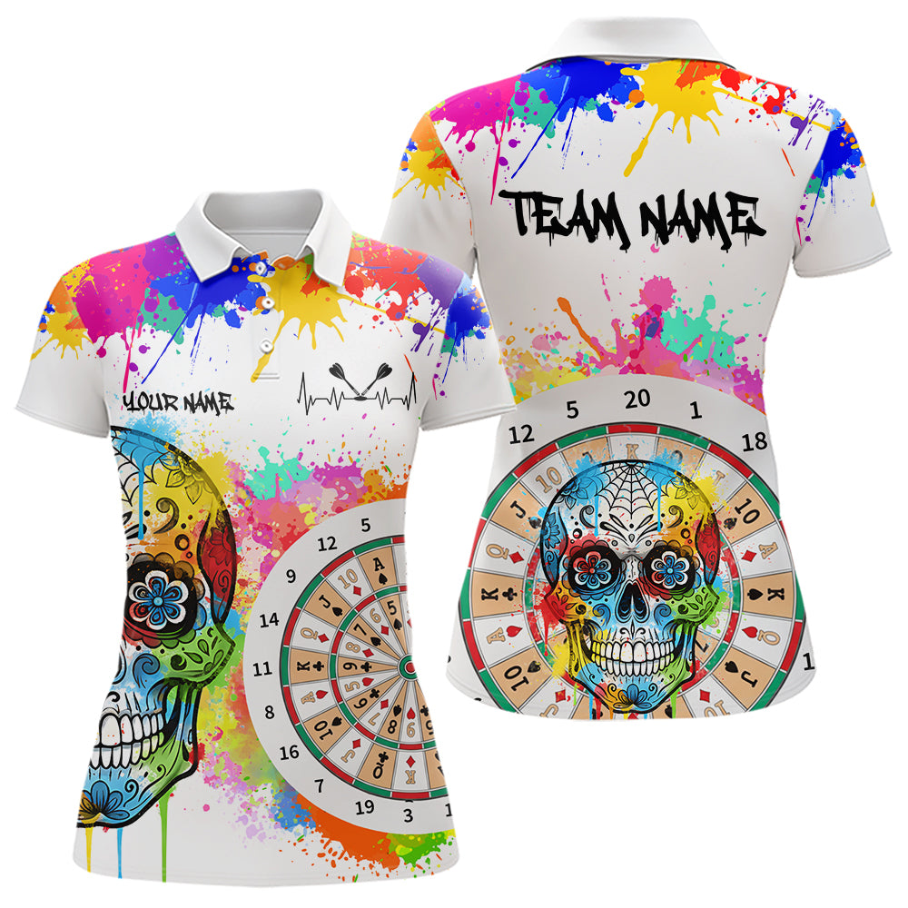 Individuell gestaltetes, buntes Farbspritzer-Karten-Dartboard Damen Darts Polo Team Shirt – Lustiges Dart-Trikot | Weiß NYN2211