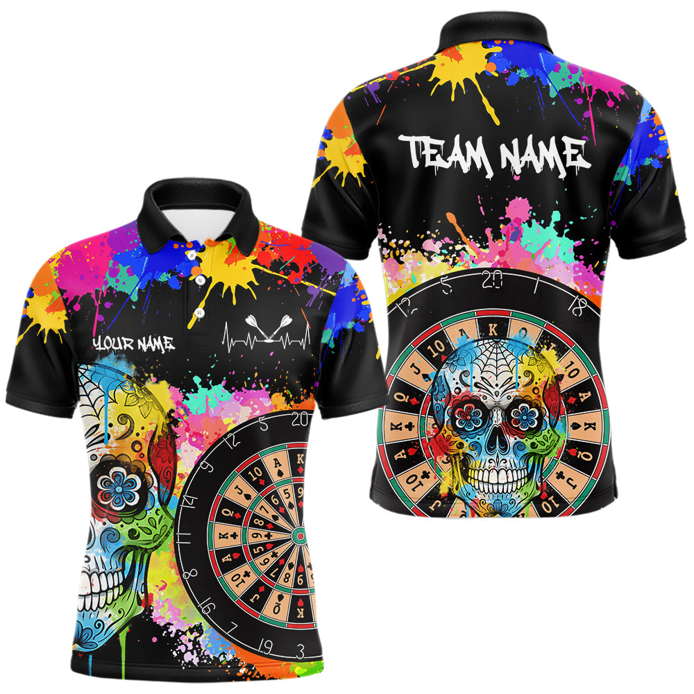 Individuell gestaltetes, buntes Farbspritzer-Karten-Dartboard Herren Darts Polo Team Shirt – Lustiges Dart-Trikot | Schwarz NYN2212