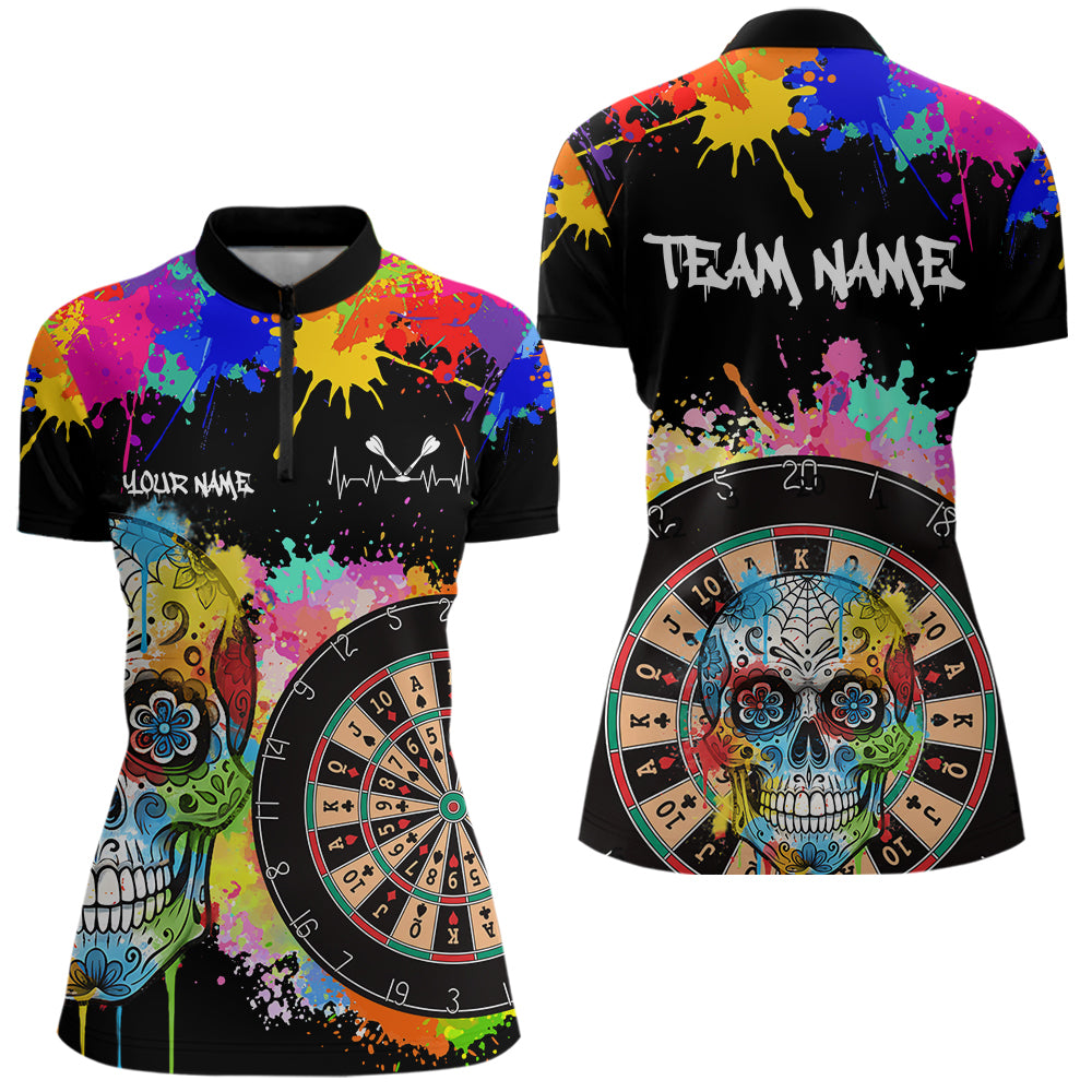 Individuell gestaltetes, buntes Farbspritzer-Karten-Dartboard Damen Darts Quarter-Zip Team Shirt – Lustiges Dart-Trikot | Schwarz NYN2212