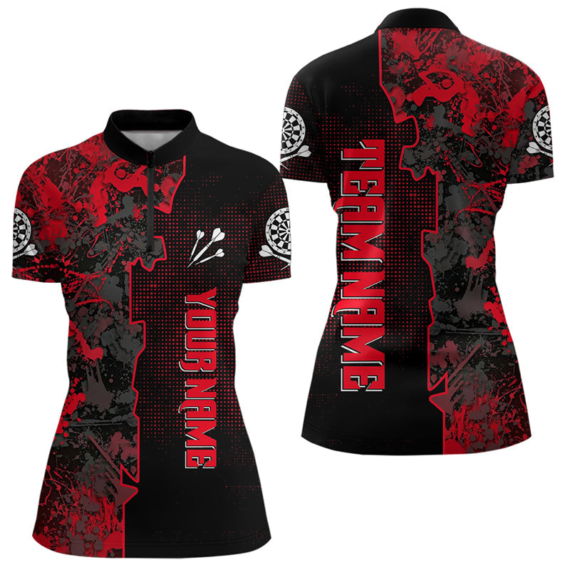 Schwarz-rotes Grunge-Dartboard mit individuellem Namen, Dartshirts für Damen, Darttrikots NYN0066