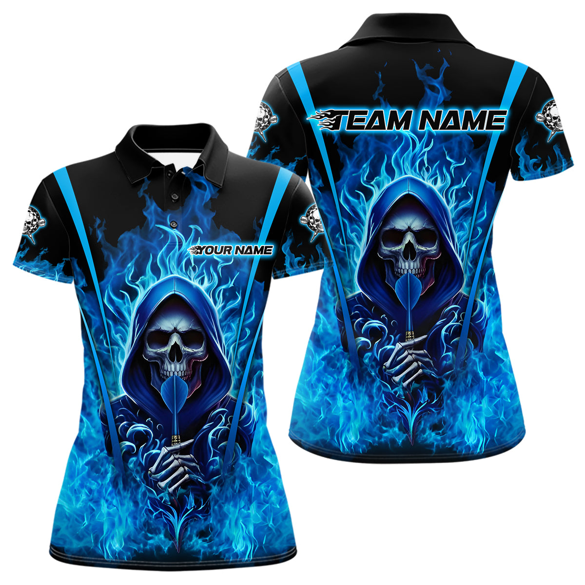 Personalisiertes blaues Flammen-Sensenmann-Dartboard Damen-Darts-Quarter-Zip-Ligashirt - Dart-Trikot-Outfit NYN2208