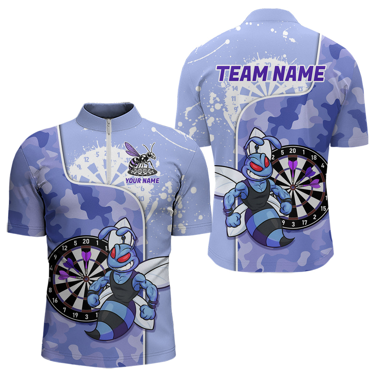 Individuell gestaltetes lustiges Bienen-Lila-Camouflage Herren-Darts-Polo-Ligashirt - Splatter-Dart-Trikot NYN2210