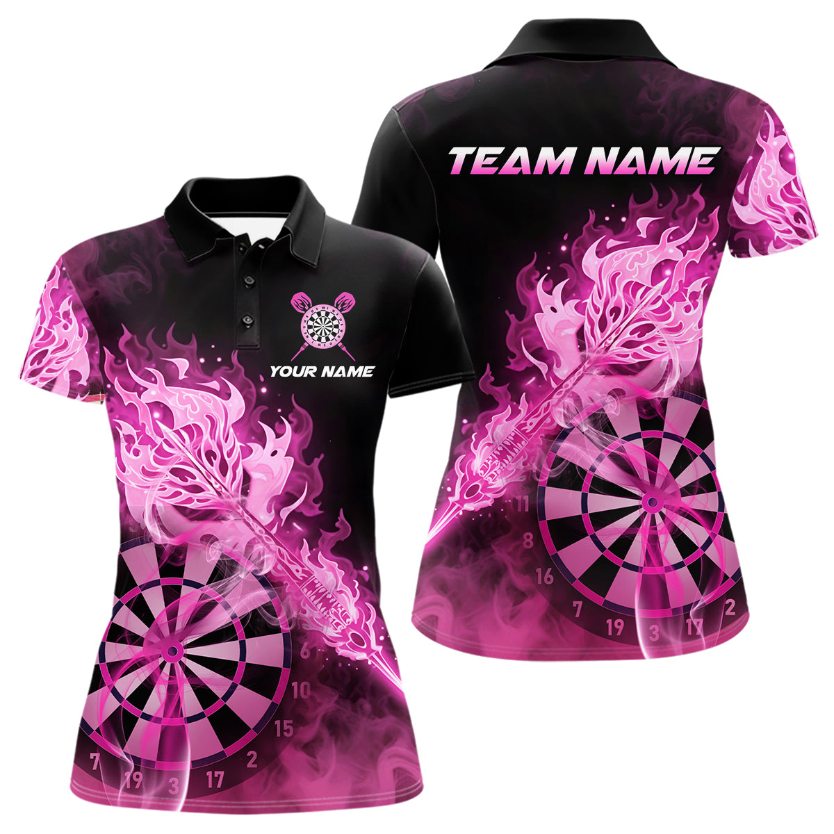 Individuell gestaltetes Darts Polo League Shirt für Damen mit rauchigem rosa Flammen-Dartpfeil – Dart Team Trikot NYN2213