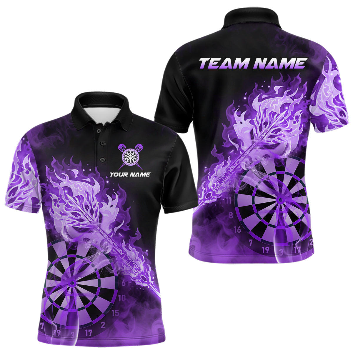 Individuell gestaltetes Darts Polo League Shirt für Herren mit rauchigem violettem Flammen-Dartpfeil – Dart Team Trikot NYN2214