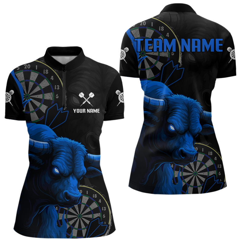 Blauer Wilder Stier Grunge Dartboard 1/4-Zip Dart Shirt für Damen – Individueller Name & Team Trikot NYN0610