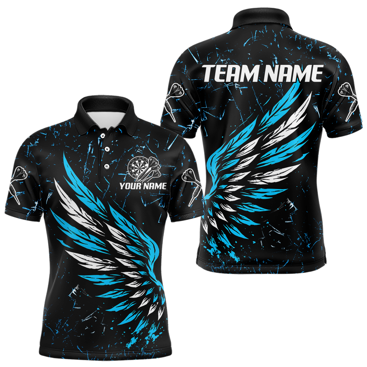 Weiß-blaue Flügel im Grunge-Stil Personalisiertes Dartshirt für Herren, Teamtrikots NYN0110