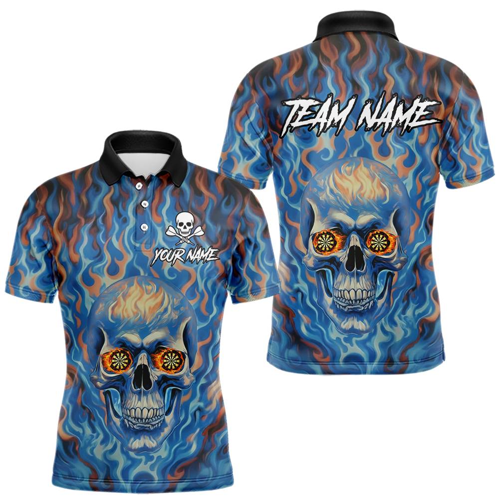 Individuell gestaltetes blaues Feuer-Flamingo-Schädel-Dartboard Herren-Darts-Polo-Ligashirt - Dart-Trikot-Outfit NYN2207