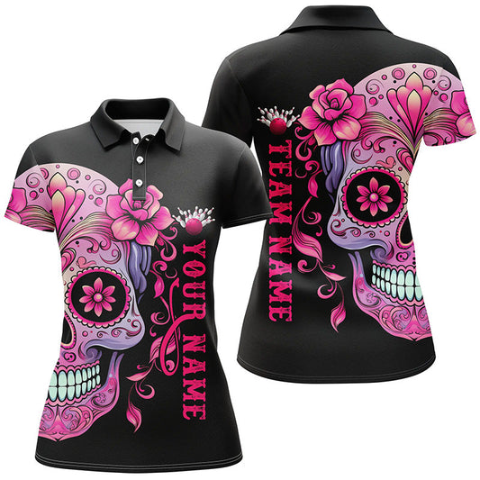 Pink Sugar Skull Tattoo, individuelle Damen-Bowling-Polohemden, Halloween-Team-Bowling-Trikots IPHW5243