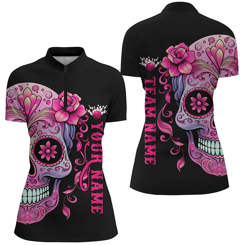 Pinker Zucker-Schädel-Tattoo, individuelle Damen-Bowling-Quarter-Zip-Hemden, Halloween-Bowlinghemden IPHW5243