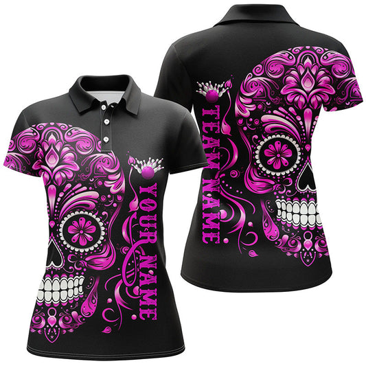 Pink Sugar Skull Tattoo, individuelle Damen-Bowling-Polohemden, Halloween-Team-Bowling-Trikots IPHW5244