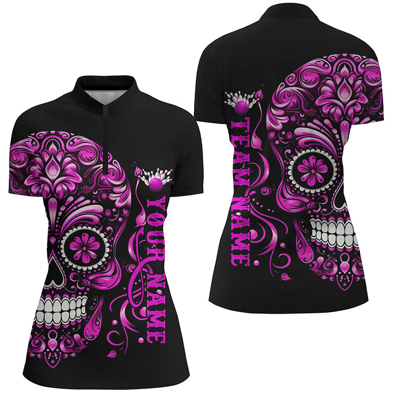 Pinker Zucker-Schädel-Tattoo, individuelle Damen-Bowling-Quarter-Zip-Hemden, Halloween-Bowlinghemden IPHW5244