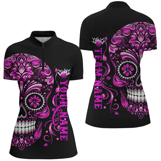 Pinker Zucker-Schädel-Tattoo, individuelle Damen-Bowling-Quarter-Zip-Hemden, Halloween-Bowlinghemden IPHW5244