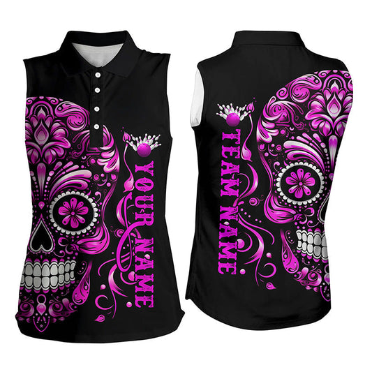 Individuelle pinke "Sugar Skull"-Bowlinghemden für Damen, Halloween-Damen-Bowlinghemd IPHW5244