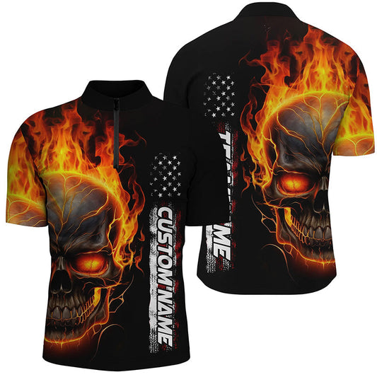 Bowling-Hemden mit Flammen-Totenkopf, 1/4-Reißverschluss, Unisex, Amerikanische Bowling-Trikots IPHW5275