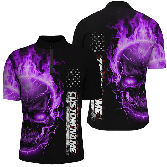 Bowling-Hemden mit lilafarbenem Flammen-Totenkopf, 1/4-Reißverschluss, Unisex, Amerikanische Bowling-Trikots IPHW5276