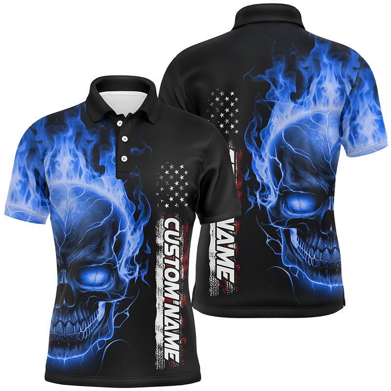 Bowling-Poloshirts mit blauem Flammen-Totenkopf, Unisex, Amerikanische Bowling-Trikots IPHW5277