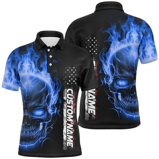 Bowling-Poloshirts mit blauem Flammen-Totenkopf, Unisex, Amerikanische Bowling-Trikots IPHW5277
