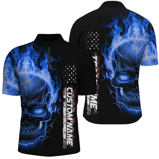 Bowling-Hemden mit blauem Flammen-Totenkopf, 1/4-Reißverschluss, Unisex, Amerikanische Bowling-Trikots IPHW5277