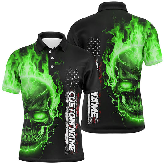 Bowling-Poloshirts mit grünem Flammen-Totenkopf, Unisex, Amerikanische Bowling-Trikots IPHW5278