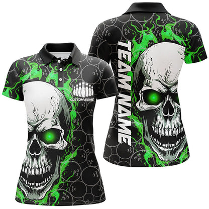 Personalisierte Totenkopf-Bowling-Hemden für Damen, Teamname-Flammen-Bowling-Trikots | Grün IPHW5008
