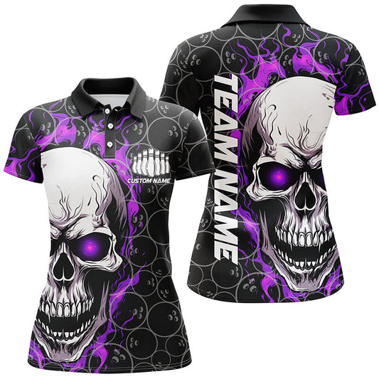 Personalisierte Totenkopf-Bowling-Hemden für Damen, Teamname-Flammen-Bowling-Trikots | Lila IPHW5009
