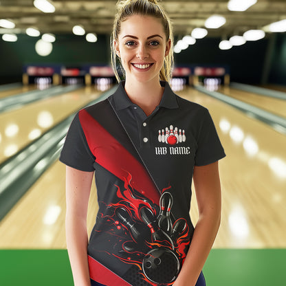 Schwarzrote individuelle Bowlingturnierhemden mit Namen für Damen, Bowlingteamhemden IPHW6185