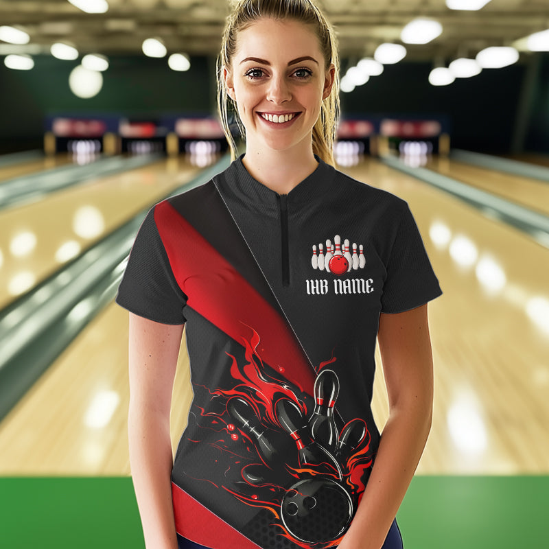 Schwarzrote individuelle Bowlingturnierhemden mit Namen für Damen, Bowlingteamhemden IPHW6185