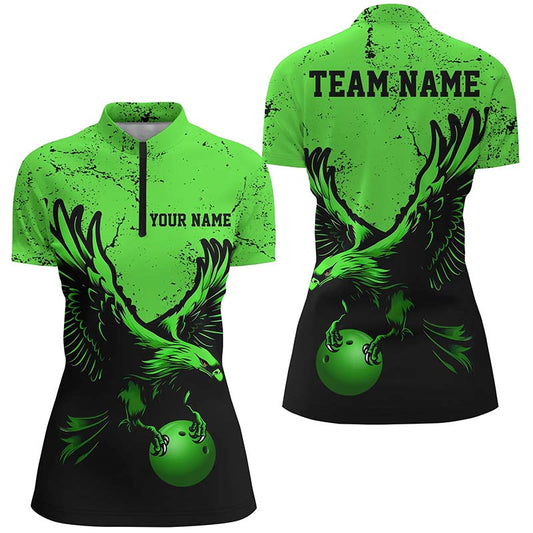 Individuelle grüne Adler-Damen-Bowling-Quarter-Zip-Hemden, Grunge-Vintage-Bowlingteam-Trikots IPHW5341