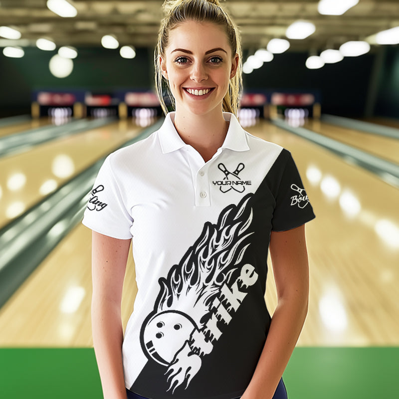 Individuelle Bowlinghemden für Damen, Bowlingteam-Hemden, Bowling Strike | Schwarz und Weiß IPHW5170