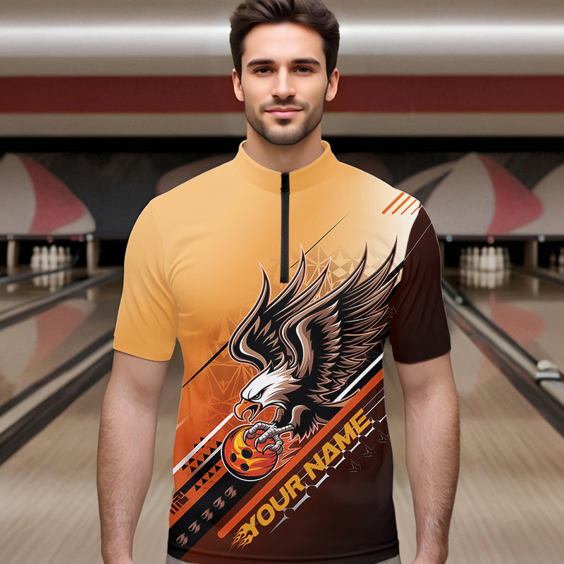 Personalisierte Tribal-Adler Bowling Herren-Quarter-Zip-Shirts, Adler-Bowling-Team Bowling-Liga-Shirt IPHW8806